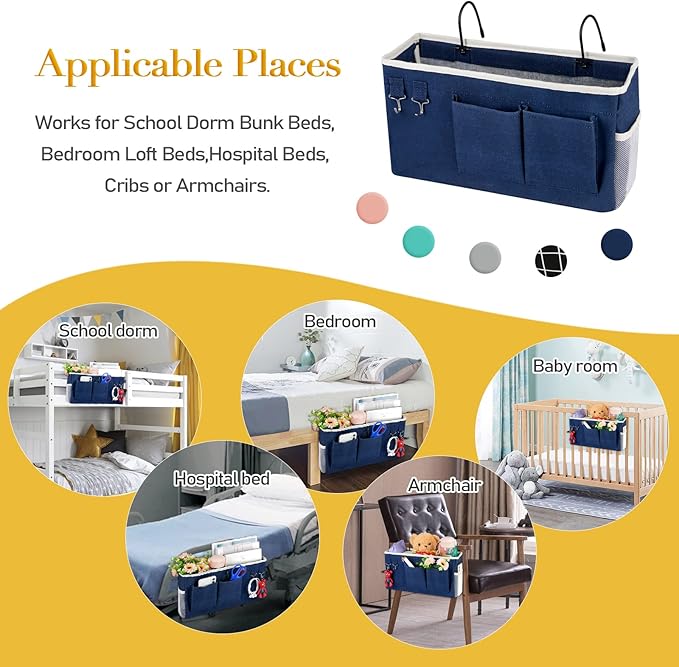 Bedside Storage Caddy/Bedside Hanging Storage Bag for Headboards Bunk Beds Dorm Rooms Book Phone Magazine Holder (Navy Blue)