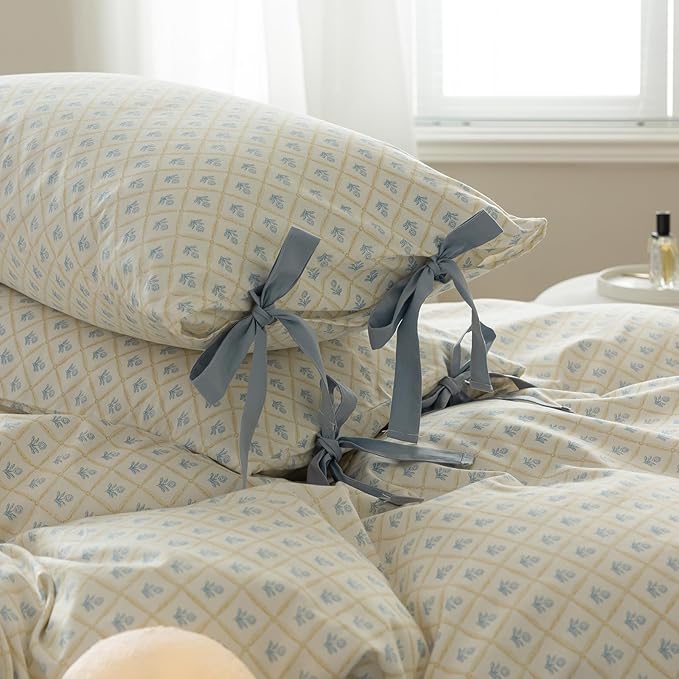 Blue Floral Duvet Cover King Teen Girls Cottagecore Bedding Set King 3 Pieces Soft Cotton Peach Flowers Coquette Comforter Cover with Bow Ties Pillowcases,Vintage Country Bedding Sets