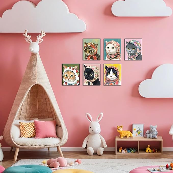 Funny Cat Poster Set of 6, Whimsical Babushka Cats Wall Art Eclectic Lover Cat Pictures Decor, Quirky Animal Pictures Canvas Painting Prints Aesthetic for Bedroom Living Room 8x10 inch Unframed