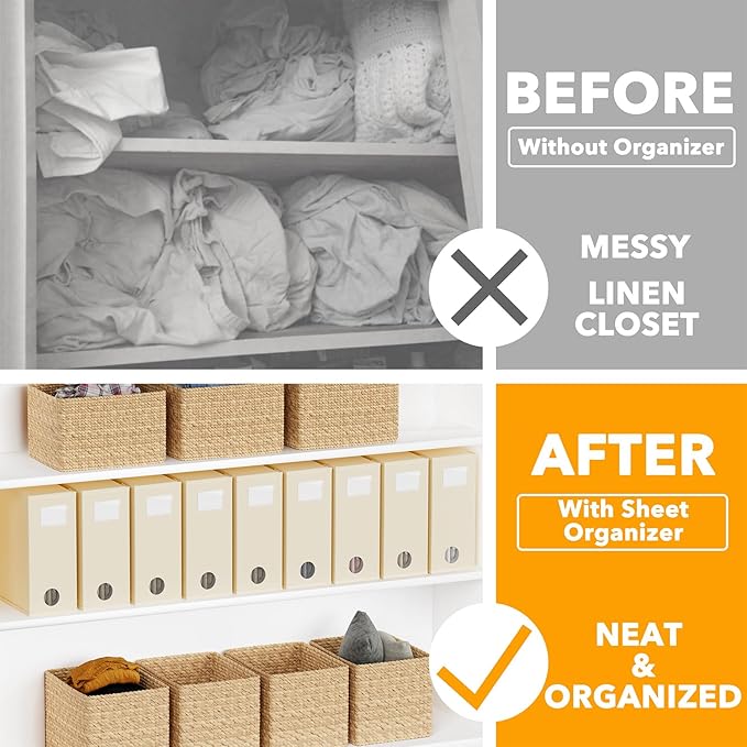 SpaceAid 9 Pack Bed Sheet Organizers and Storage, Foldable Sheet Organizer with Window for Linen Closet, Set Folder Keeper for Queen & King Size Bedding Storage (Beige)