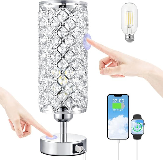 Crystal Touch Lamp with Touch Control, Sliver Table Lamp with USB-C+A Ports, 3 Way Dimmable Bedside Lamp Decorative Modern Nightstand Lamp, Bedroom Light for Living Room Side Table(Bulb Included)