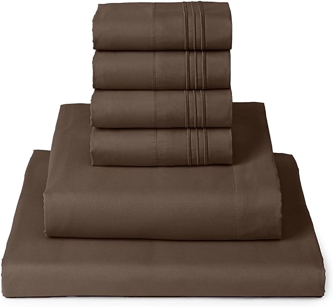 Mellanni Full Sheet Set - 6-Piece Iconic Collection Bedding, (Including 4 Pillowcases), 16-Inch Deep Pocket, Easy Care, Extra Soft, Cooling Sheets, Brushed Microfiber - Brown