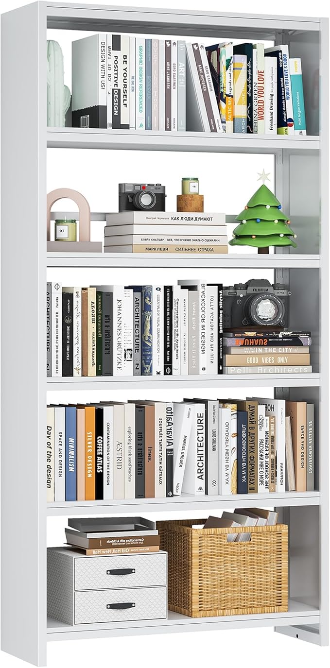 Book Shelf 69" H, 5-Tier Metal Shelving, Modern White Bookcase, Wide Bookshelf for Bedroom, Livingroom, Home Office, Library, Screw-Free Installation