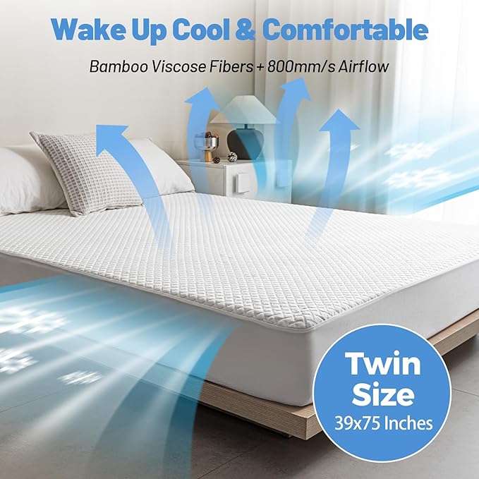 Premium Bamboo Mattress Protector – Twin Size, Waterproof, & Ultra Soft Breathable Noiseless Washable Bed Mattress Cover for Comfort & Protection MC02TWIN-T