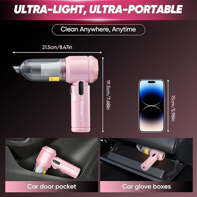 17500Pa Cordless Handheld Car Vacuum 4-in-1 Mini Vacuum Cleaner with LED Display 40min Runtime Multi Nozzles Rechargeable and Portable for Home,Office,Outdoor (Pink)