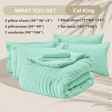 HYMOKEGE Mint Green California King Comforter Set Seersucker 7 Pieces, All Season Luxury Bed in a Bag for Bedroom, Bedding Set with Comforter, Sheets, Pillowcases & Shams