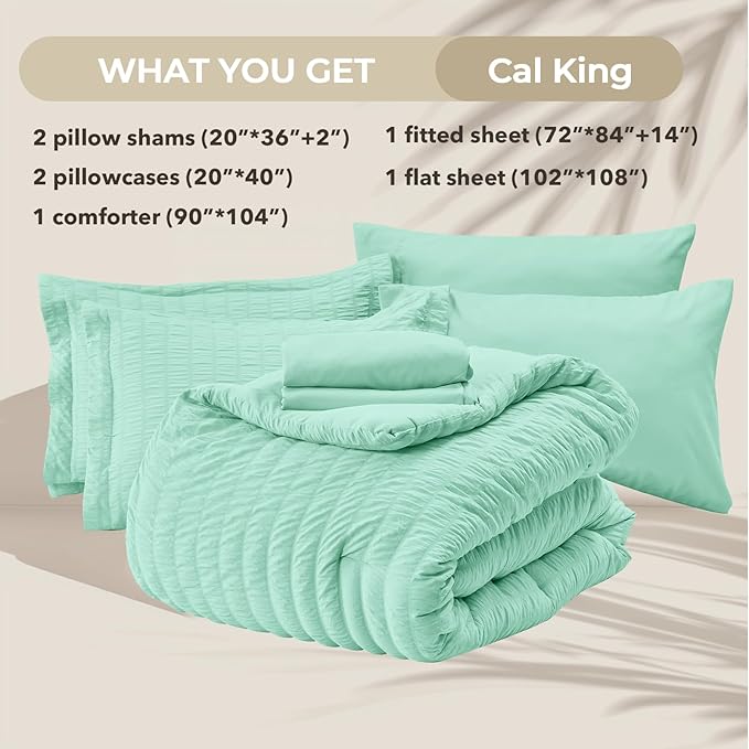 HYMOKEGE Mint Green California King Comforter Set Seersucker 7 Pieces, All Season Luxury Bed in a Bag for Bedroom, Bedding Set with Comforter, Sheets, Pillowcases & Shams