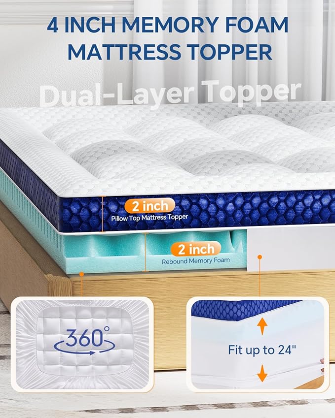 BEDELITE Twin XL Mattress Topper Dual Layer 4 Inch Memory Foam Mattress Topper, Pilow Top Mattress Pad and Premium Gel Foam Mattress, Fits Twin XL College Dorm Room