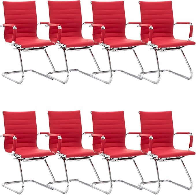 Office Desk Chair Set of 8,No Wheels PU Leather Computer Chairs Mid Back Guest Chairs with Seld Base for School/Reception/Conference/Waiting Room,Burgundy Red