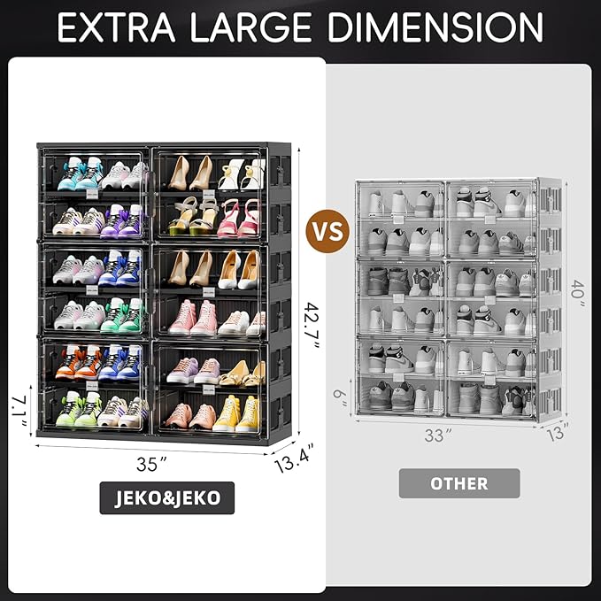 JEKO&JEKO 6 Tiers Foldable Shoe Rack Organizer Cabinet for Closet Entryway, Large Collapsible Shoe Storage Box with Magnetic Doors (Black)