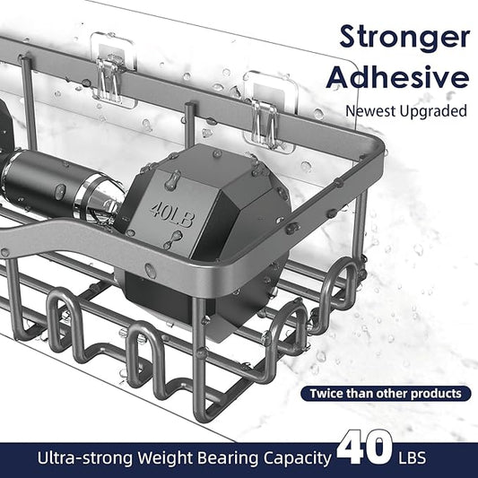 Shower Caddy Adhesive Shower Organizer 7-Pack, Rustproof Stainless Steel Bathroom Shelves, Large Capacity No-Drill Rack Storage Accessories with Soap Dish Toothbrush Holder Hooks (Gray)