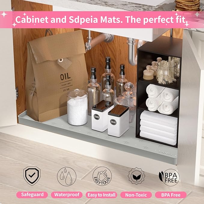 Sdpeia Under Sink Mat 34"×22" Waterproof Silicone Cabinet Liner & Sink Protector for Kitchen & Bathroom, Multi-Purpose Organizers Tray for Pets, Laundry, Cat Litter Mat
