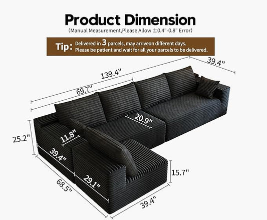 139.4" Modular Sectional Sofa, L-Shaped Minimalist Couches with Middle Seat Chaise, Modern Deep Seat Convertible Sleeper Sofa,Cloud Plush Corduroy Fabric, No Assembly Required, 5 Seater, Black