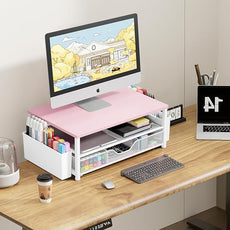 OPNICE Desk Organizers and Accessories, 2-Tier Computer Monitor Stand Riser with Drawer and 2 Pen Holders, Laptop Stand, Office Desk Accessories for Office Supplies, Pink Wood