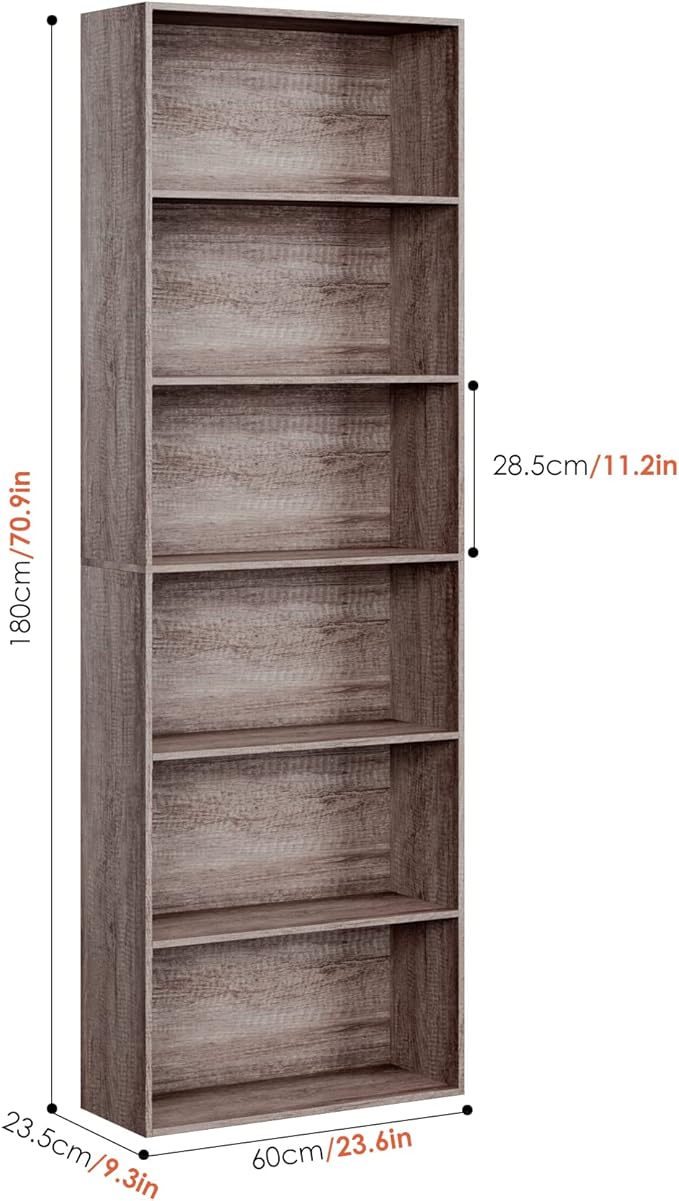 FOTOSOK 6-Tier Open Bookcase and Bookshelf, Freestanding Display Storage Shelves Tall Bookcase for Bedroom, Living Room and Office, Oak
