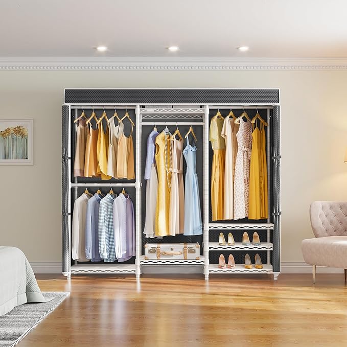VIPEK V5C Medium Covered Clothes Rack Heavy Duty Portable Closet Wardrobe, Freestanding White Clothing Rack with Grey Upgarded Polyester Cover, Adjustable Custom Closet Rack, 57.9" Lx17.3 Wx76.4 H