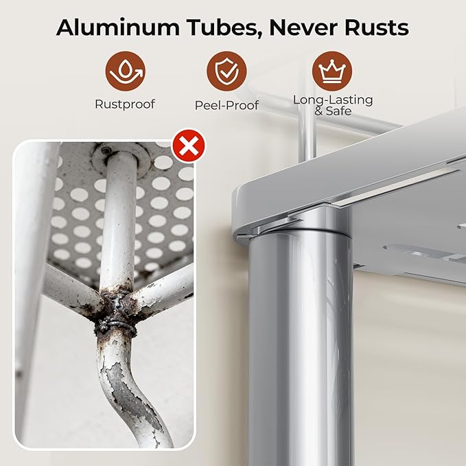 Orimade Rustproof 3 Tier Floor Standing Corner Shower Caddy Organizer with Toothbrush Holder, Large Spacing Floor Shower Shelf Rack Storage Stands with Hooks for Bathroom Kitchen, Silver