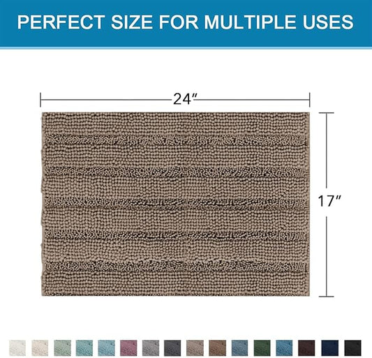 H.VERSAILTEX Bathroom Rugs Bath Rugs for Bathroom Non Slip Bath Mats Extra Thick Chenille Striped Rug 17" x 24" Absorbent Soft Shaggy Washable Dry Fast Bath Mats for Bath Room Floor - Taupe Brown