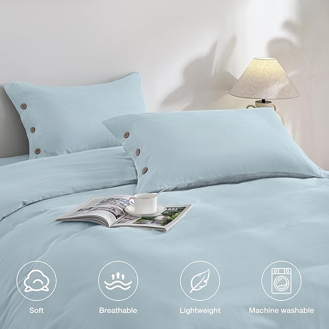 JELLYMONI Pillowcases King Set of 2 Cotton Button Pillow Covers 20×36in Light Blue Bed Pillow Cases 100% Washed Cotton Soft Breathable (Pillows are not Included)