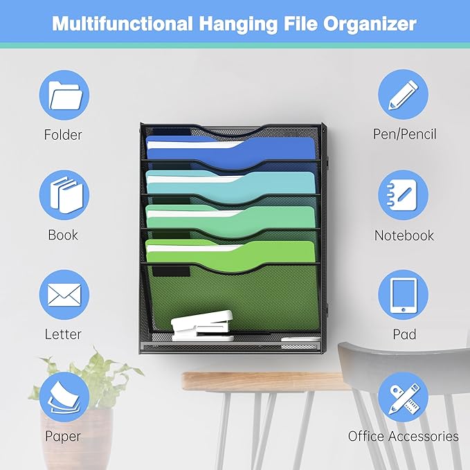 Kuntine.B Wall File Organizer (Black, 6 Tier & Hangers)
