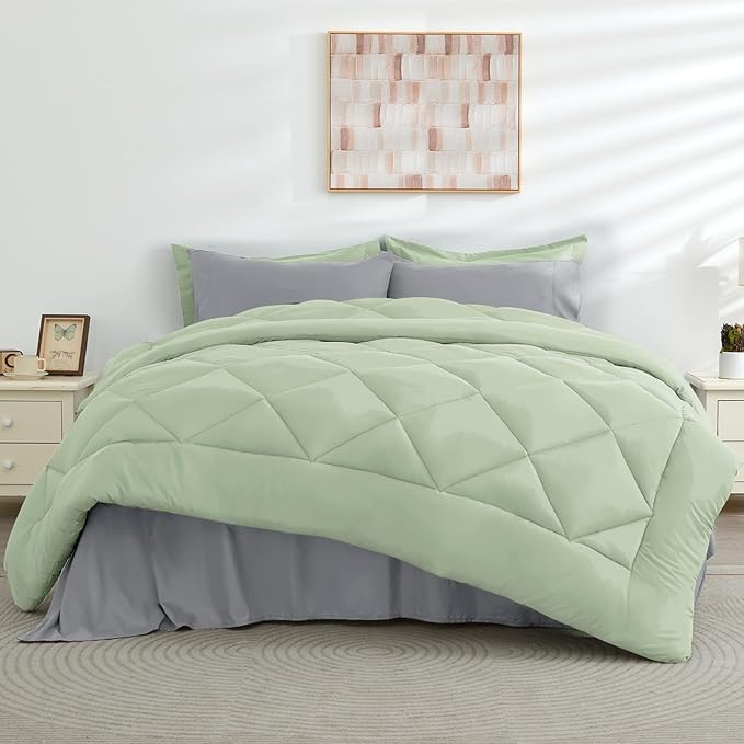 HEVUMYI Full Comforter Set - 7-Piece All Season Bed in a Bag Full, Ultra Soft Bedding Set with Comforter, Flat Sheet, Fitted Sheet, Pillowcases, Pillow Shams, Sage Green & Light Grey