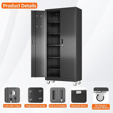 SUXXAN Garage Storage Cabinet with Wheels Pegboard and 5 Adjustable Shelves, 71'' x 32'' x 16''Metal Lockable Cabinet with Magnetic Doors,Tool Storage,Home Office Garage,Gym,School (Black)