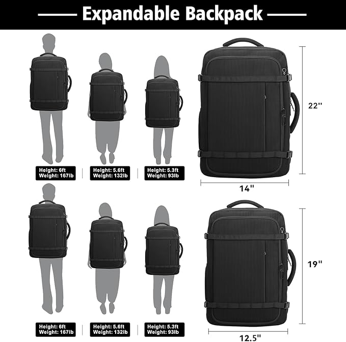 Carry On Backpack,50-60L Expandable Large Capacity Travel Backpack with Cable Access Port Fits18.4 Inch Laptop,Water Resistant Weekender Backpack for Men Women Business College Hiking Commuting,Black