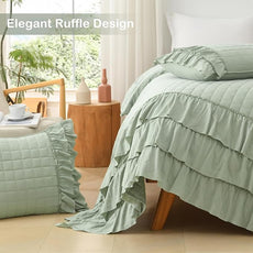 HORIMOTE HOME Asakusa Green Ruffled Quilt Set Twin Size, Geometric Square Stitched Pattern, Pre-Washed Farmhouse Shabby Chic Microfiber Lightweight Bedding Set Bedspread Coverlet for All Season