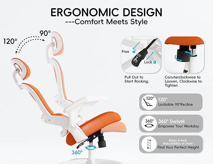 TRALT Office Chair - Ergonomic Office Chair with Back Support, Home Office Desk Chairs, 330lbs Wide Seat Big and Tall Office Chairs with Headrest, Comfy Desk Chairs (Orange)