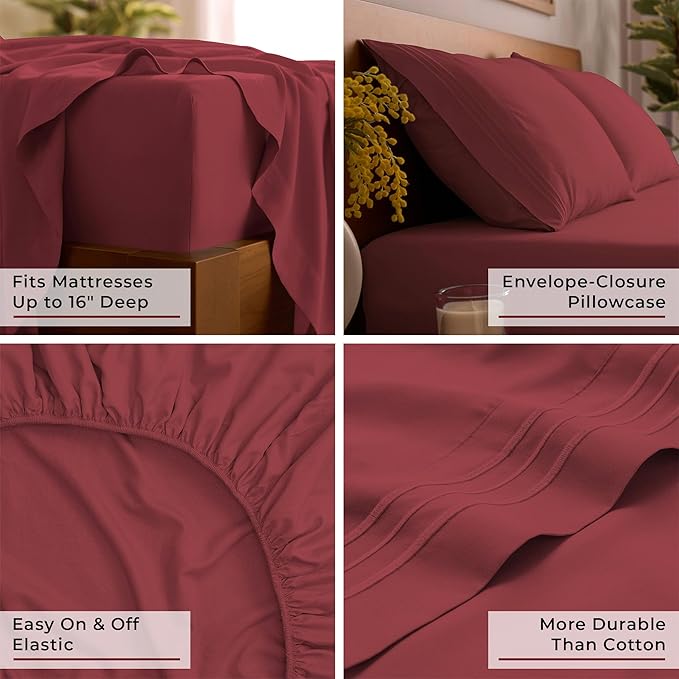 Mellanni Split King Sheet Set - 7-Piece Iconic Collection Bedding, (Including 4 Pillowcases), 16-Inch Deep Pocket, Easy Care, Extra Soft, Cooling Sheets, Brushed Microfiber - Brick Red