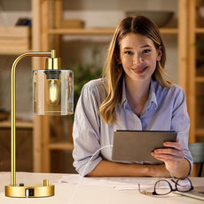 Set of 2 Industrial Table Lamps with USB Port, Gold Fully Stepless Dimmable Bedside Lamps for bedrooms, Nightstand Desk Lamp with Clear Glass Shade for Reading Living Room Office 2 LED Bulb