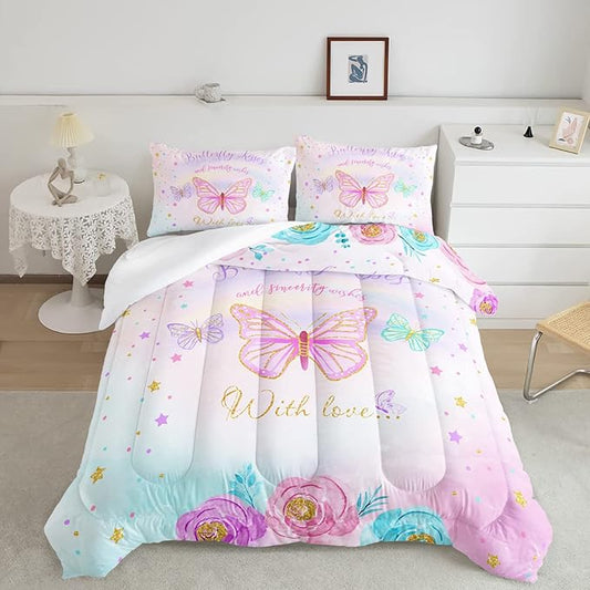 CVHOUSE Butterfly Bedding Set - Queen Size, 3 Piece Set with Comforter and 2 Pillow Cases