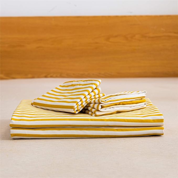 JELLYMONI 100% Natural Cotton 3pcs Striped Duvet Cover Sets,White Duvet Cover with Yellow Stripes Pattern Printed Comforter Cover,with Zipper Closure & Corner Ties(Cal King Size)