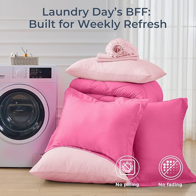 HEVUMYI Hot Pink & Baby Pink Full Comforter Set - 7-Piece All Season Bed in a Bag Full, Ultra Soft Bedding Set with Comforter, Flat Sheet, Fitted Sheet, Pillowcases, Pillow Shams
