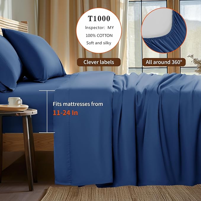 LBRO2M 100% Cotton Sheets Set Deep Pocket 24", 1000 Thread Count Queen Size 4 Piece Bed Sheet Sets Soft Comfortable Bedding All Season (Queen, Navy Blue) LBRO2MBedding