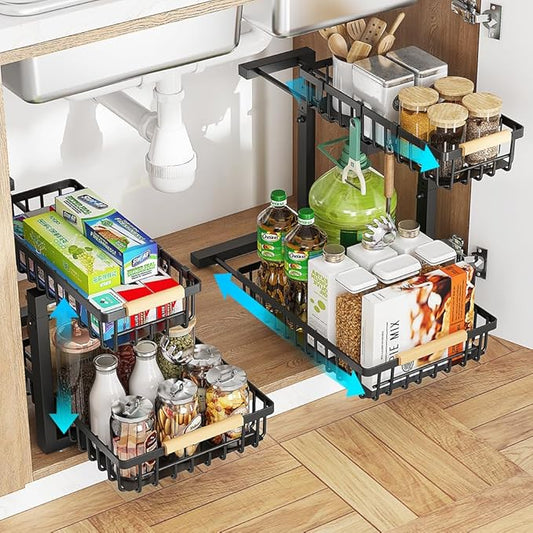Under Sink Organizer, 2 Tier Metal Under Sink Organizers and Storage, 2 Pack Height Adjustable Slide out Pull out Cabinet Organizer Shelf for Kitchen Bathroom Pantry Cabinet