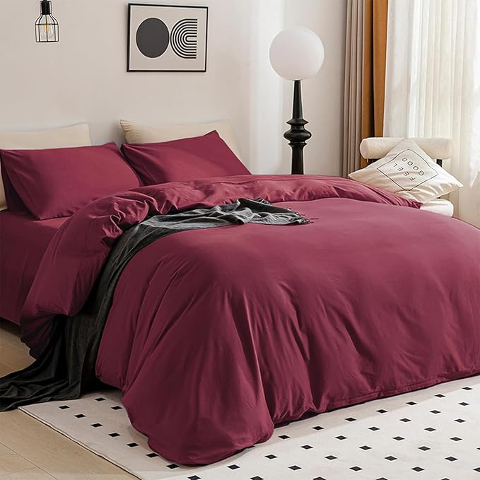 JELLYMONI Burgundy Duvet Cover Queen Size - 100% Washed Cotton Linen Like Textured Comforter Cover, 3 Pieces Breathable Soft Bedding Set with Zipper Closure (Burgundy, Queen 90"x90")