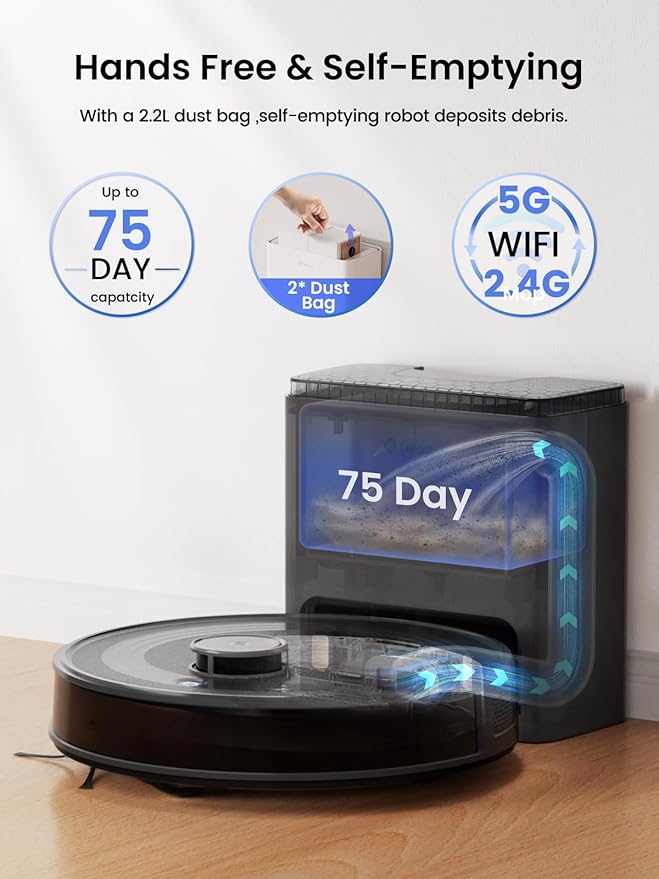 Lefant LiDAR Robot Vacuum and Mop Combo,75-Days Self-Emptying,6000Pa Powerful Scution,Multi-Floor Mapping, No-Go Zones,140 Min Runtime,2.4G/5G WiFi/Alexa/APP/iWatch,M2 Plus Black