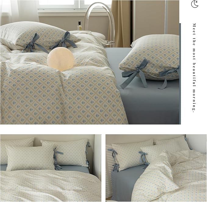 mixinni Blue Floral Duvet Cover Twin Size- 3 Piece Cottagecore Bedding Set with Bow Ties & Zipper Closure, 100% Cotton Soft Aesthetic Comforter Cover for Girls, Lightweight Breathable Country Style