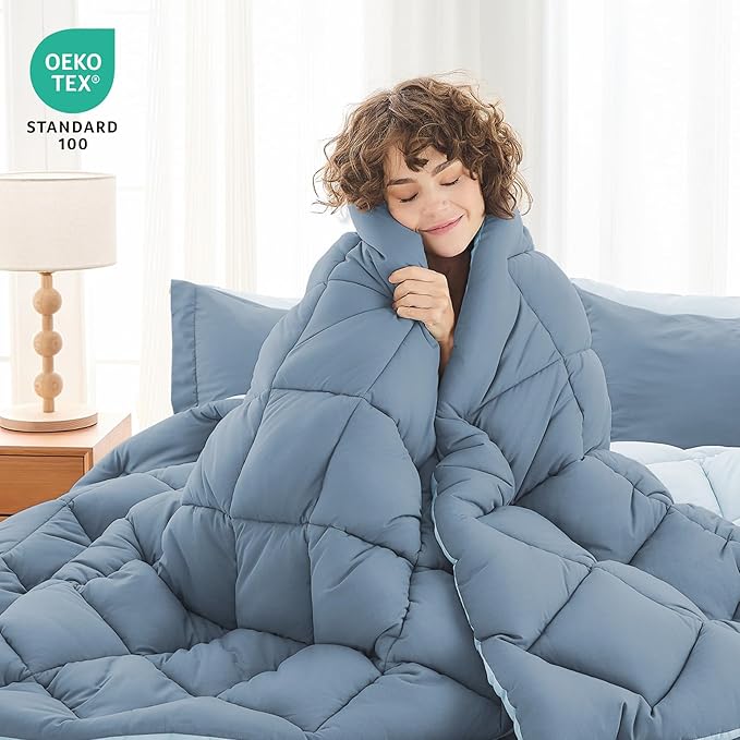 MUXHOMO 7 Pieces California King Comforter Set, Reversible Bed in a Bag Cal King Size, All Season Bedding Set with Comforter, Flat Sheet, Fitted Sheet, Pillowcases & Shams, Mineral Blue & Light Blue