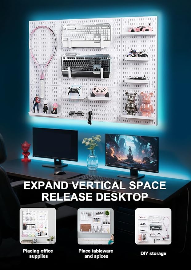 Pegboard Wall Organizer - Modular System for Gaming Setup, Office & Kitchen Storage Solutions Create A Perfectly Structured Space peg board (White,16″×12″)