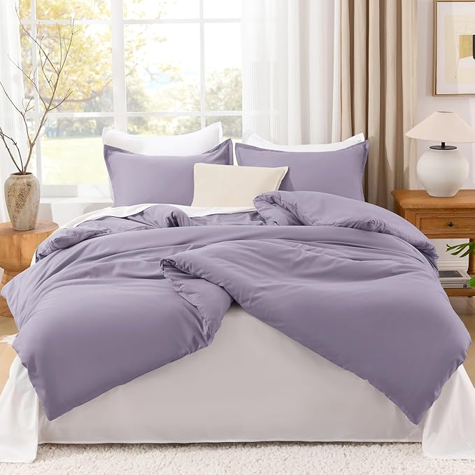 Litanika Comforter Set, Lightweight Solid Bedding Comforter Set, Fluffy Down Alternative Bed Set, Grayish Purple, Queen