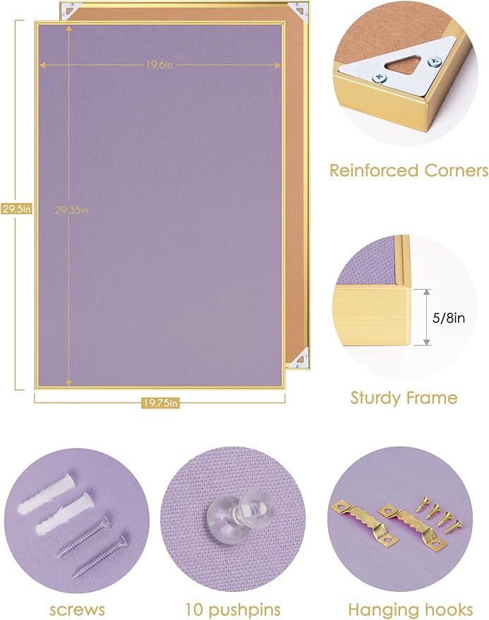 Bulletin Board 30 x 20 inches, Mystic Violet Pin Board, Golden Aluminum Framed Fabric Cork Board with 10 Push Pins
