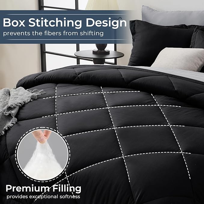 HEVUMYI Cali-King Comforter Set - 7-Piece All Season Bed in a Bag Cali-King, Ultra Soft Bedding Set with Comforter, Flat Sheet, Fitted Sheet, Pillowcases, Pillow Shams, Black & Light Grey