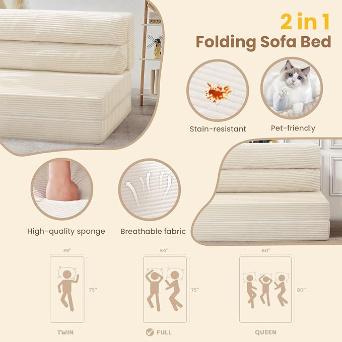 Folding Sofa Bed, Convertible Sleeper Chair with Pilow Foldable Matress, 2 in 1 Pull Out Loveseat Sofa Portable Fold Out Chair Bed Floor Couch Lounge for Living Room Bedroom (Beige, Full)