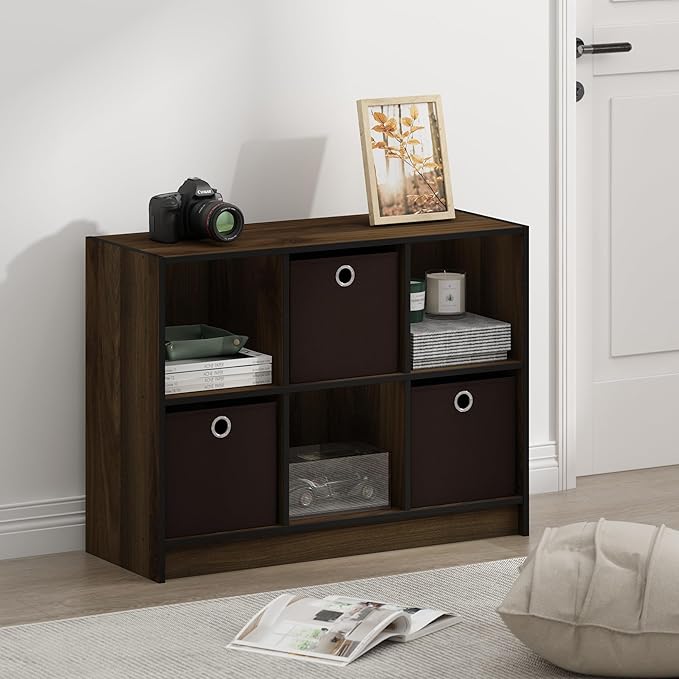 Furinno BASIC Book Shelf, 6-Cube Bookshelf, 3 x 2 Bookcase with Storage Bins, 11.9 x 31.6 x 23.6, for Living Room, Bedroom, Home Office, Columbia Walnut
