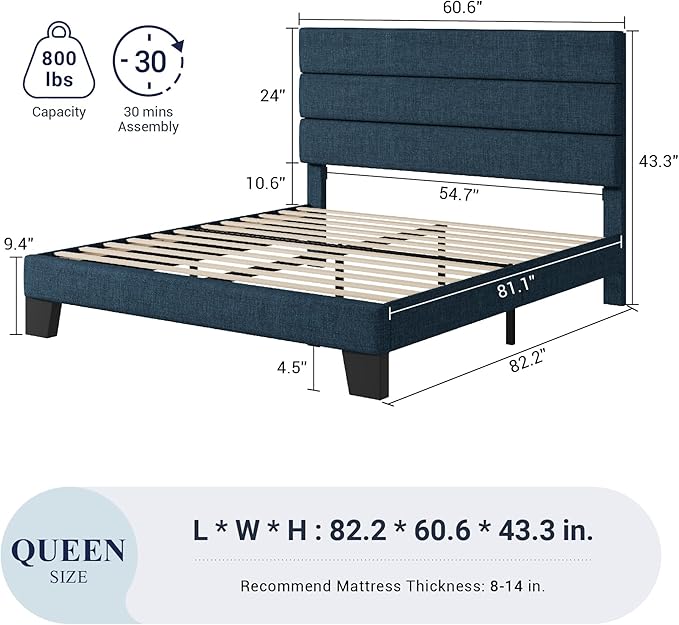 Allewie Queen Size Platform Bed Frame with Fabric Upholstered Headboard and Wooden Slats Support, Fully Upholstered Mattress Foundation/No Box Spring Needed/Easy Assembly, Navy Blue