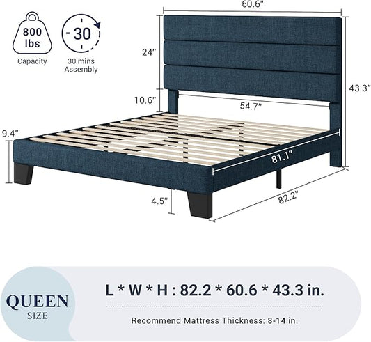 Allewie Queen Size Platform Bed Frame with Fabric Upholstered Headboard and Wooden Slats Support, Fully Upholstered Mattress Foundation/No Box Spring Needed/Easy Assembly, Navy Blue