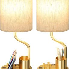 Gold Bedside Table Lamps for Bedroom Set of 2 - Nightstand Light with AC Outlet and USB A & C for Charging, 3 Color Temperatures Desk Lamp with Pen Holder & Phone Stand for Living Room/Dorm/Office