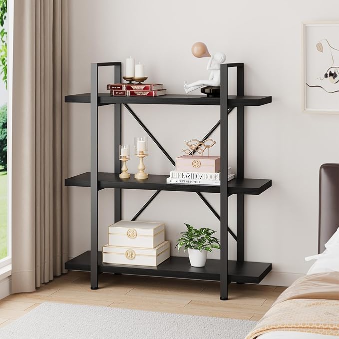 HSH 3 Tier Black Bookshelf, Industrial Small Metal Wooden Storage Book Shelves, Modern Open Low 3 Shelf Bookcase and Display Etagere, Vertical Book Shelf for Bedroom Living Room Office, Black Oak